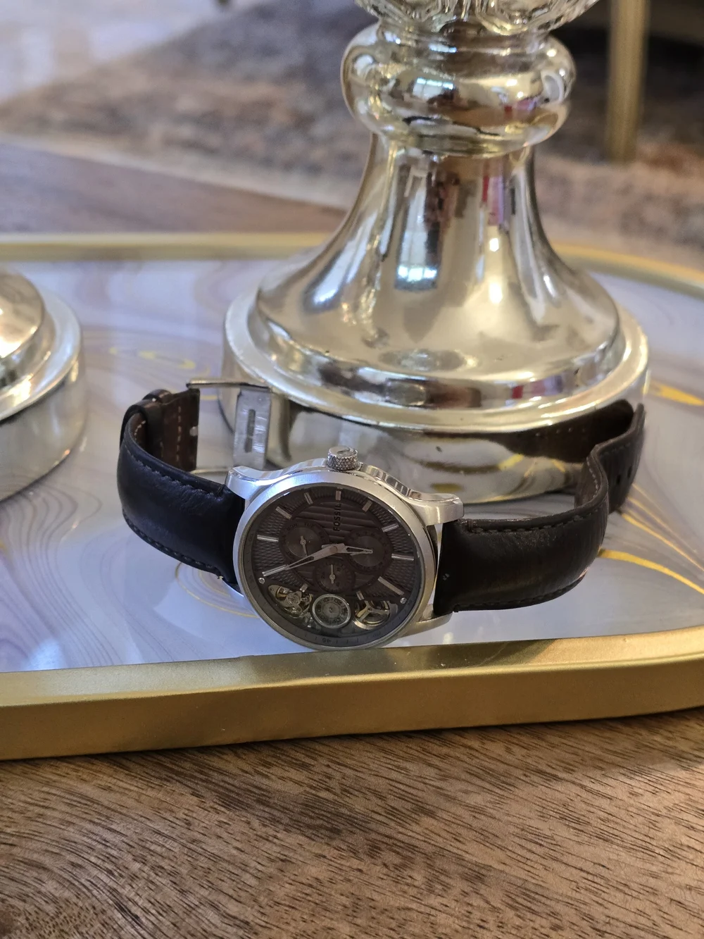 Fossil Men's Silver Dial Skeleton Automatic Watch with Brown Leather Strap